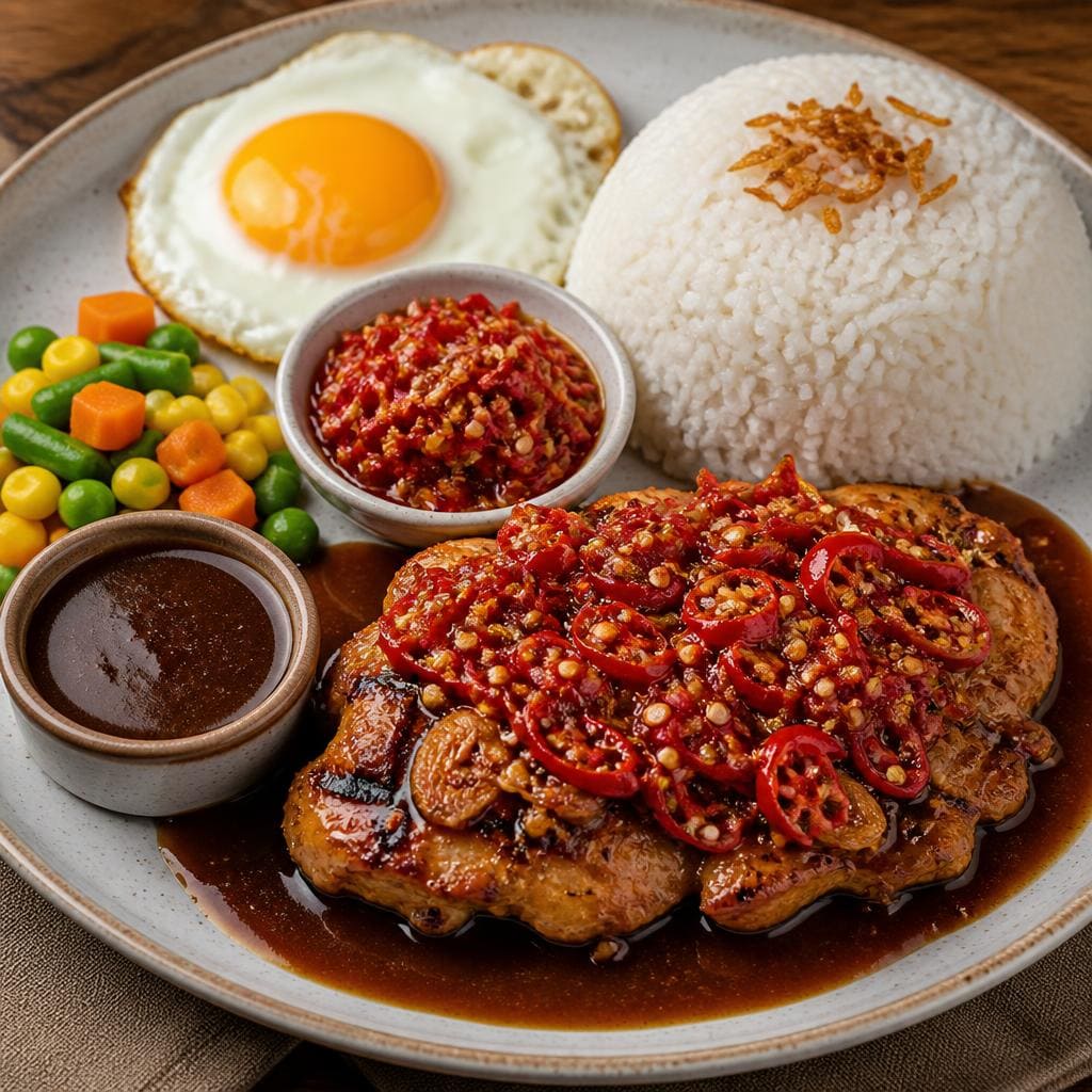 Chicken Sambal Korek dengan steak ayam, nasi, telur ceplok, dan mix vegetable